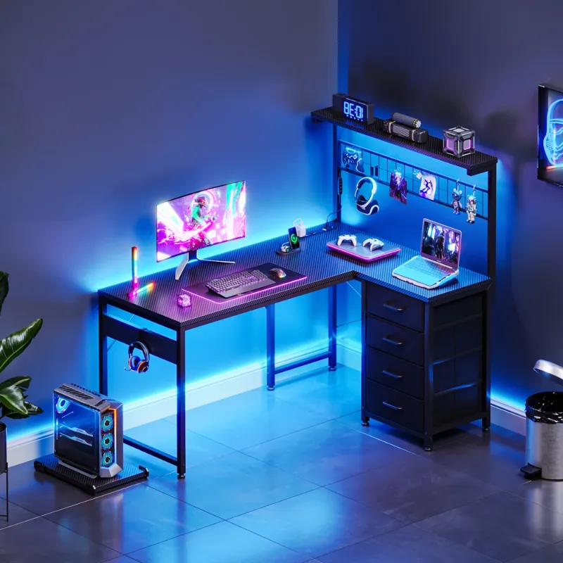 Photo 1 of ***MISSING HARDWARE***Sofanext 43 inch L Shaped Desk with 4 Storage Drawers, Reversible L Shaped Gaming Desk with Power Outlets & LED Lights, Computer Desk with Movable CPU Stand for Home Office, Black