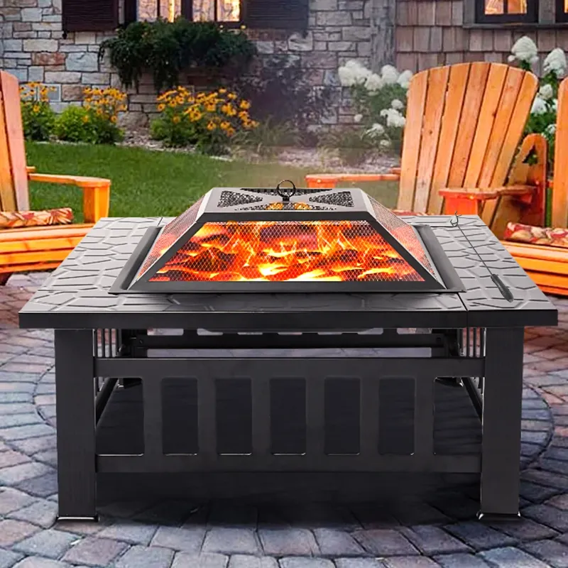 Photo 1 of Fire Pits for Outside, 32" Wood Burning Fire Pit Tables with Screen Lid, Poker, BBQ Net, Ice Tray, Food Clip and Cover, Backyard Patio Garden Outdoor Fire Pit/Ice Pit/BBQ Fire Pit, Black
