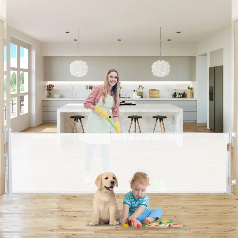 Photo 1 of 140 Inch Retractable Baby Gates, Extra Wide Baby Gates for Large Openings, Mesh Dog Gate Retractable, Safety Gates for Kids or Pets, Extra Long Baby Gates for Stairs Doorway Indoor Outdoor-White

