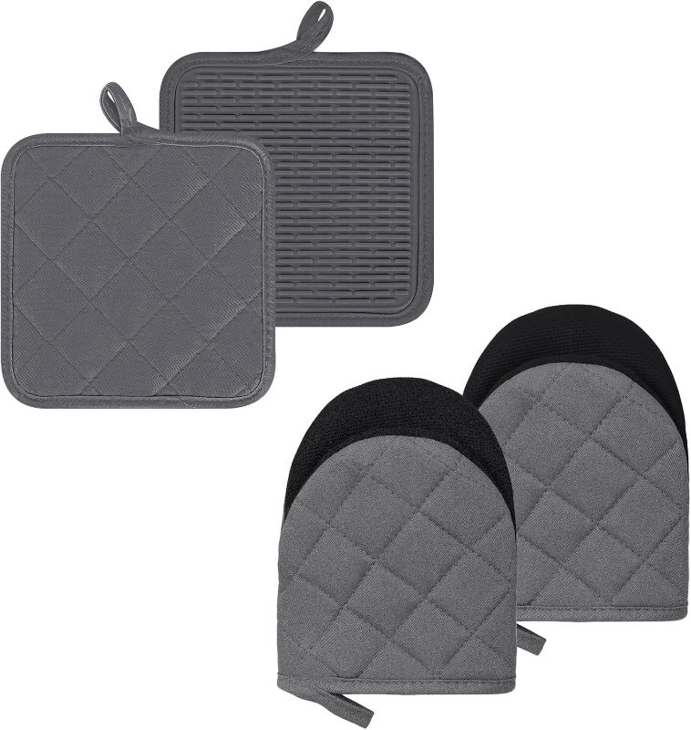 Photo 1 of ***MISSING ONE MITT***    Oven Mitts and Pot Holders Set, Pack of 4, Heat Resistant Silicone Kitchen Mini Oven Mittens for 500 Degrees, Mini Oven Gloves and Hot Pads for Baking Grilling Barbecue Microwave Machine Washable
