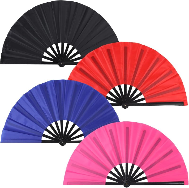 Photo 1 of ***MISSING RED FAN***    4 Pack Large Folding Hand Fan, Plastic Hand Held Folding Fans Chinese Kung Fu Hand Fan Decorative Folding Fans for Dance, Performance, Festival or Home Decorations(Black, Red, Blue, Pink)
