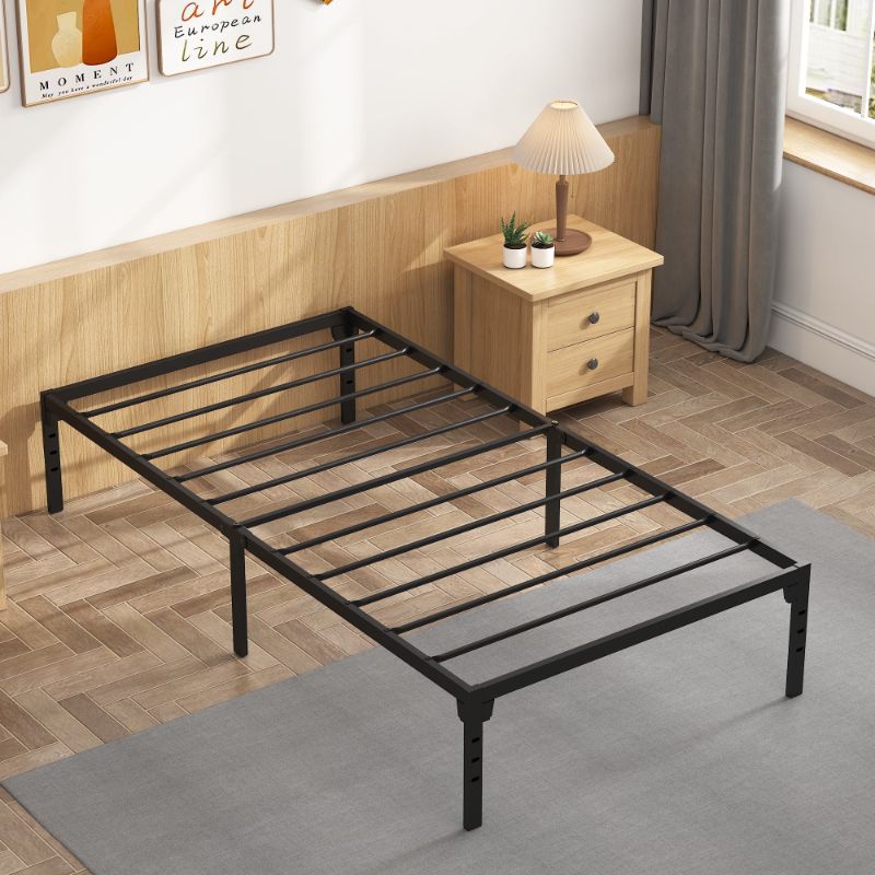 Photo 1 of 14" Twin Bed Frame, Heavy Duty Metal Twin Frame No Box Spring Needed, Twin Size Metal Platform Bed with 14in Underbed Storage Space & 3-Level Adjustable Height, Black