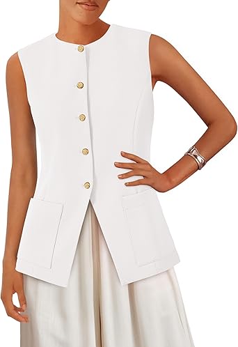 Photo 1 of  Summer Blazer Vest Tops for Women Sleeveless Button Down Business Casual Outfits Work Suit Vests Waistcoat 