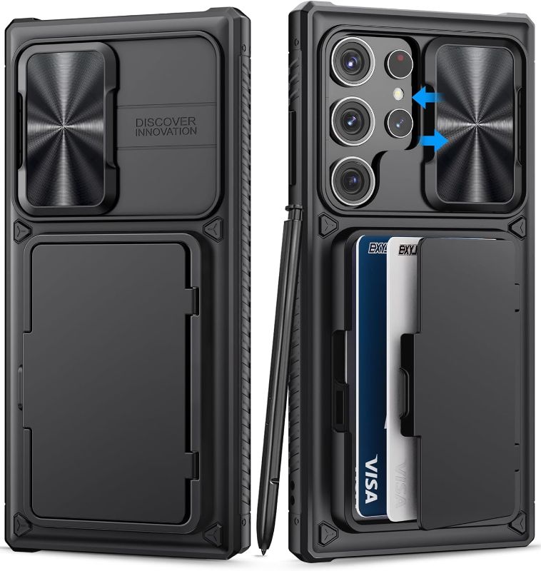 Photo 1 of [Similar, but not the same case] Samsung Galaxy S23 Ultra Case with Card Holder & Kickstand & Slide Camera Protector, Military Grade Drop Shockproof Silicone Wallet Phone Case Cove