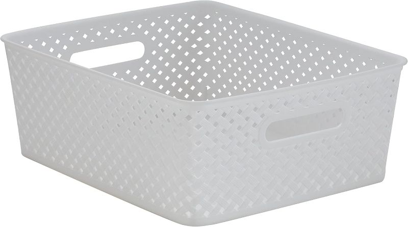 Photo 1 of  Medium Resin Wicker Tote | Storage Bin | Plastic Organizer | Carrying Handles | Bathroom | Pantry | Accessories | Cleaning Products
