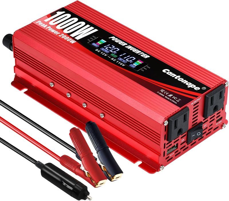 Photo 1 of 1000W/2000W(Peak) Car Power Inverter DC 12V to 110V/120V AC Converter with LCD Display Dual AC Outlets and Dual USB Car Charger for Car Home Laptop Truck Red
