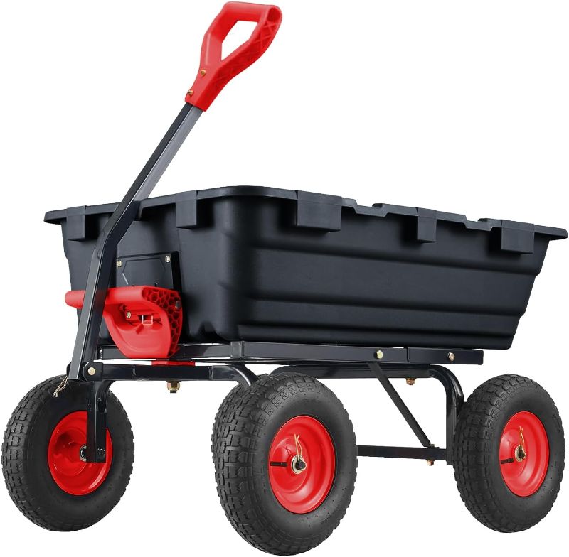 Photo 1 of  Poly Garden Dump Cart, Heavy-Duty Wheelbarrow with 10-Inch Tires, 180° Rotating Handle, Steel Frame and Quick Release System Garden Dump Cart for Soil Plants Gardening Tools Wood