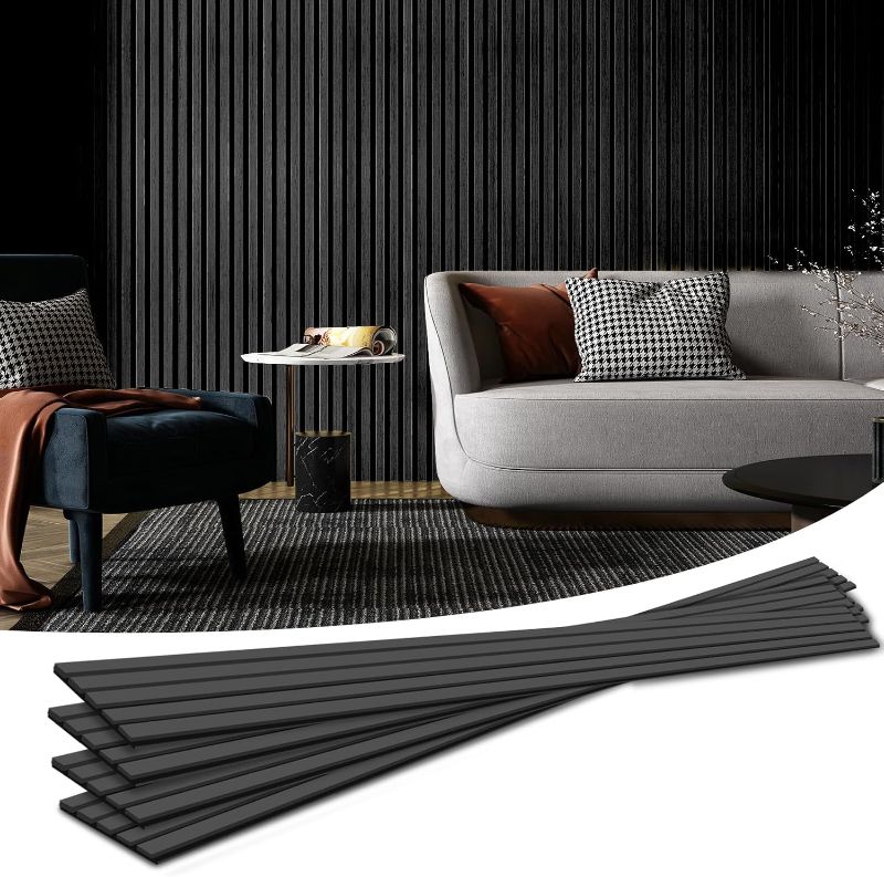 Photo 1 of -Piece Wood Slat Acoustic Panels for Stylish Decor and Noise Reduction, 3D Textured Panel for Ceiling and Wall, Matte Black