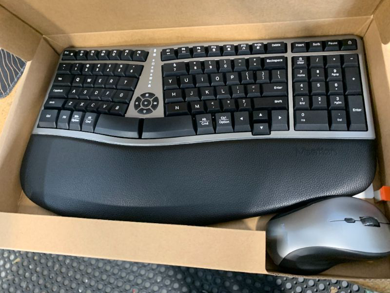 Photo 1 of MEETION Ergonomic Wireless Keyboard and Mouse Combo, 2.4G Curved Compact Keyboard with Cushioned Palm Rest, 4 Level DPI Adjustable Wireless Mouse, for Windows/Mac/Desktop/Laptop/PC, Gray Black