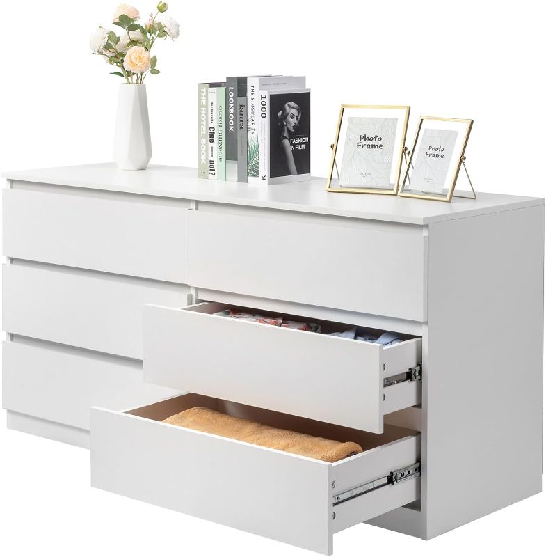 Photo 1 of 
Vibe & Dine White Dresser, Modern 6 Drawer Double Dresser for Bedroom, Wood Chest of Drawers with Wide Storage for Living Roo