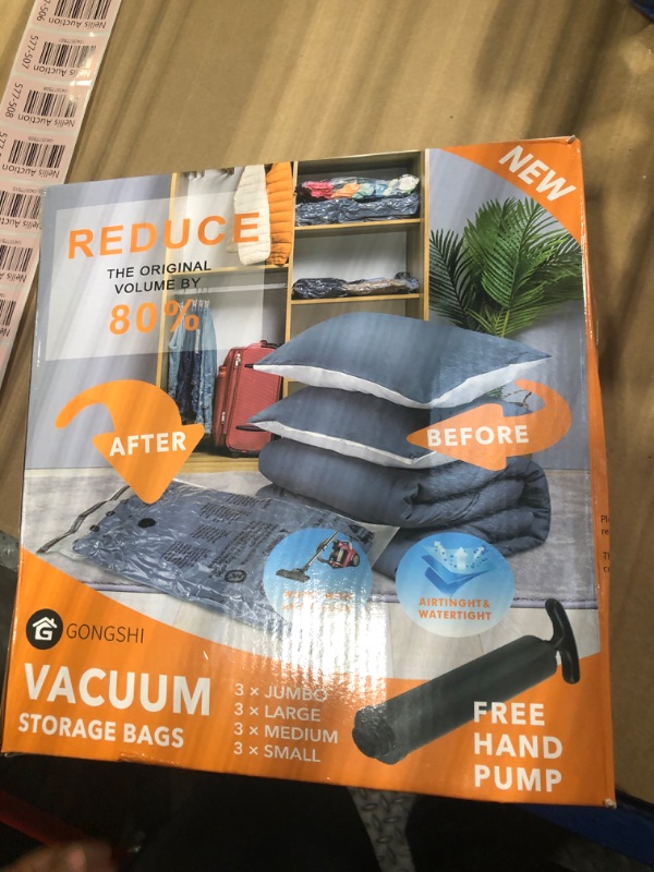 Photo 1 of 12 Pack Vacuum Storage Bags (3 Jumbo, 3 Large, 3 Medium, 3 Small),Plastic Packaging Bags,Space Saver Sealer Compression Bags with Travel Hand Pump for Blankets, Comforters, Pillows, Clothes Storage