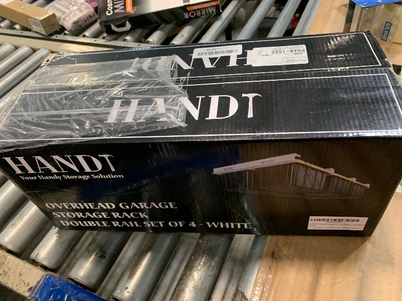 Photo 1 of HANDT Overhead Garage Storage Rack, Connectable Heavy Duty Metal Ceiling Rails For Garage Storage Organization Shelving System, Hanging Racks For Tote Containers, Supports Up To 6 Bins, 4 Sets White