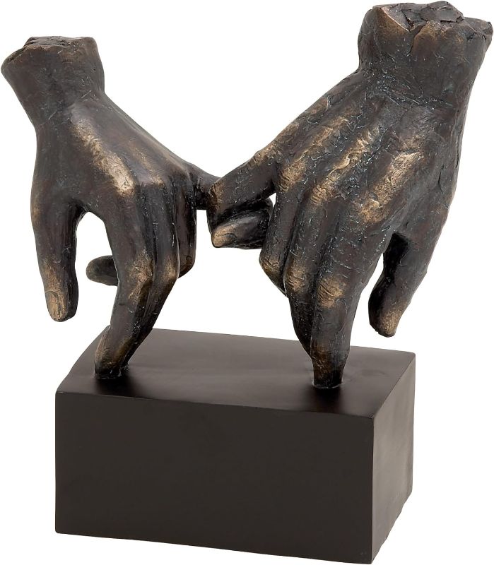 Photo 1 of [Different Hand Pose] Deco 79 Polystone Hands Decorative Sculpture Weathered Patina Linked Home Decor Statue with Block Base and Gold Accents, Accent Figurine 9" x 4" x 10", Black