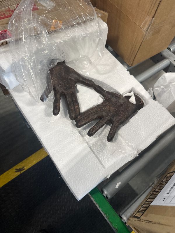 Photo 1 of [Different Hand Pose] Deco 79 Polystone Hands Decorative Sculpture Weathered Patina Linked Home Decor Statue with Block Base and Gold Accents, Accent Figurine 9" x 4" x 10", Black