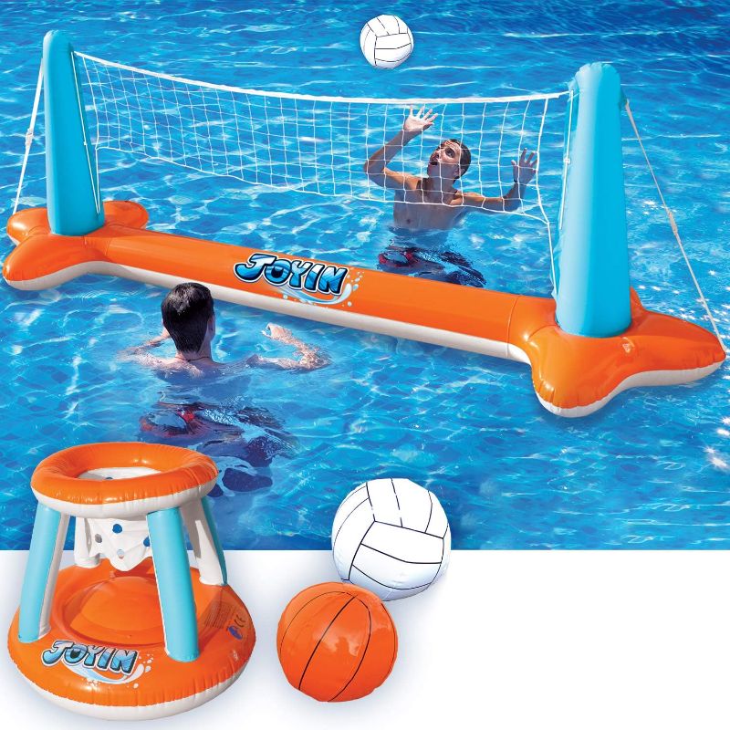 Photo 1 of Inflatable Pool Float Set Volleyball Net & Basketball Hoops, Floating Swimming Game Toy for Kids and Adults, Summer Floaties, Volleyball Court