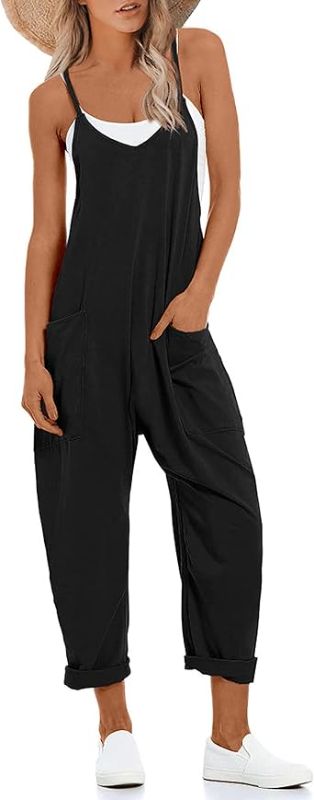 Photo 1 of  Women's Causal Jumpsuits V Neck Sleeveless Harem Overalls Stretchy Adjustable Strap Romper with Pockets 