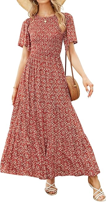 Photo 1 of ***SIMILAR***
ZESICA Women's 2025 Summer Casual Floral Print Short Flutter Sleeve Crew Neck Smocked High Waist Flowy Maxi Dress
