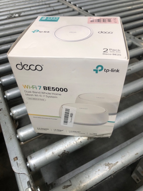 Photo 1 of  *** USED  *** TP-Link Dual-Band BE5000 WiFi 7 Mesh Wi-Fi System (Deco BE25) | 4-Stream 5 Gbps | 240 Mhz Channels | Covers up to 4,600 Sq.Ft | 2X 2.5G Ports Wired Backhaul | VPN,MLO, AI-Roaming, HomeShield (2-Pack)