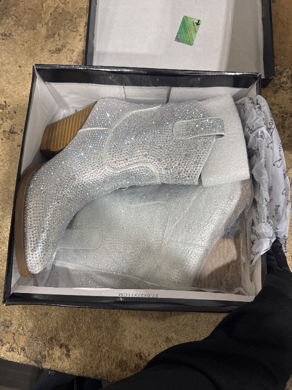 Photo 1 of ABSOLEX Women Western Cowgirl Cowboy Pointed Toe Rhinestone Ankle Booties, Silver, 5.5