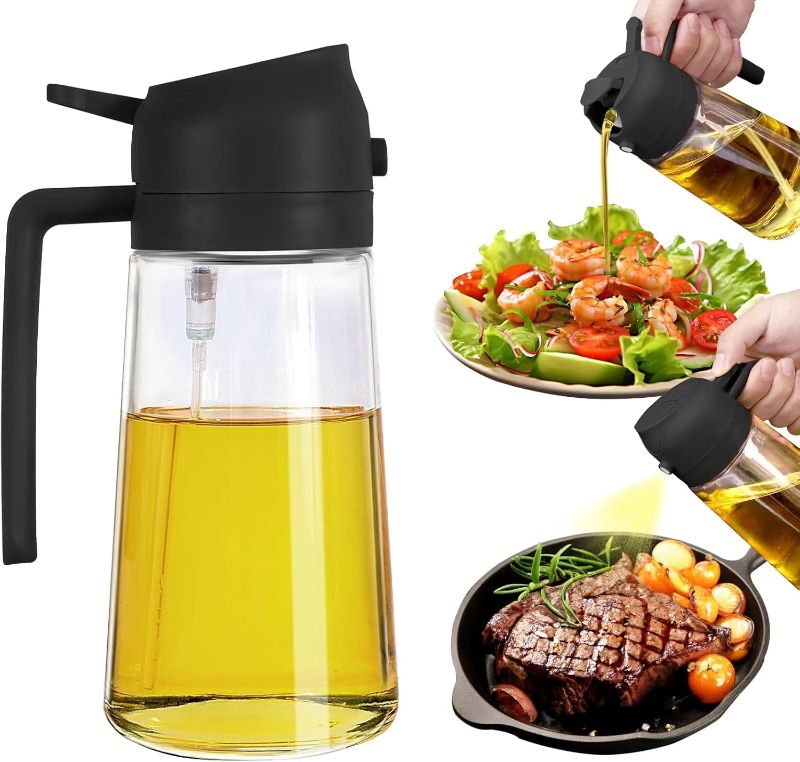 Photo 1 of 2 in 1 Oil Dispenser and Oil Sprayer, 470ml Dispenser Bottle Spray and Pour, Glass Olive Oil Sprayer for Cooking, Food-Grade Oil Spray Bottle Mister Spritzer for BBQ, Air Fryer, Kitchen (Black)
