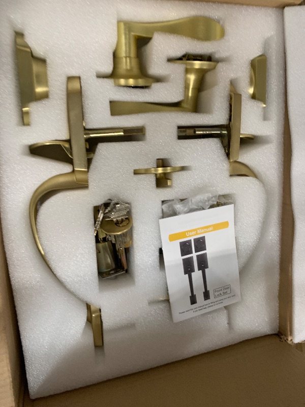 Photo 1 of goldenwarm Double Front Door Lock Set, Gold Double Door Handlewith Dummy, Double Classic Front Door Hardware Set with Reversible Wave Handle Lever, Double Entry Door Lock Set