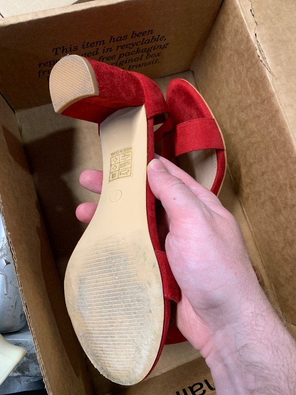 Photo 1 of (MISSING 1 STRAP) (SIZE 7) (BAGGED) FW FRAN WILLOR Women Open Toe Low Chunky Short Red Heels Ankle Strap Block Heel Sandals Party Dress Wedding Pump ShoesSIZE 7 