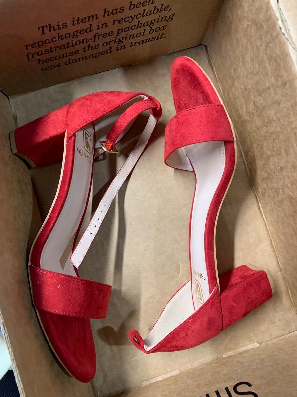 Photo 1 of (MISSING 1 STRAP) (SIZE 7) (BAGGED) FW FRAN WILLOR Women Open Toe Low Chunky Short Red Heels Ankle Strap Block Heel Sandals Party Dress Wedding Pump ShoesSIZE 7 