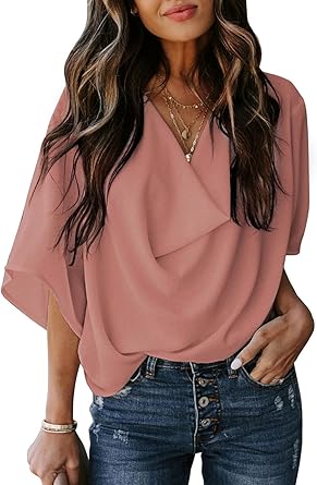 Photo 1 of Dokotoo Womens Blouses and Tops Short Sleeve Tops V Neck Solid Color Ladies Work Wrap Draped Front Business Casual Fashion Chiffon Shirts and Tops Fashion 2025 Spring Clothes,PINK Large (Stock photo for reference) 