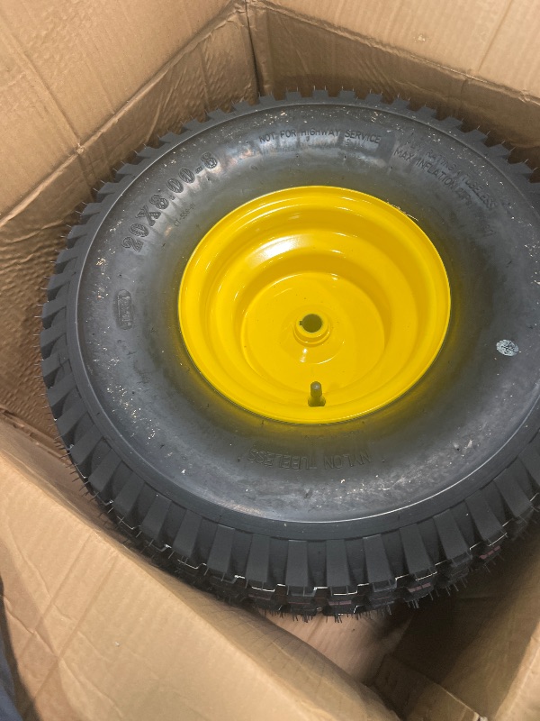 Photo 1 of (2-Pack) 20x8.00-8 Rear Tire and Wheel Assemblies - 4 Ply Tubeless Tire Compatible Replacement for Riding Lawn Mowers - 3/4" Borehole, 3.5" Offset Hub and 3/16" Keyway