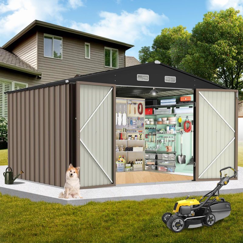Photo 1 of **NON-REFUNDABLE/HEAVY PICKUP*FOR PARTS ONLY**
*GarveeLife 10x12 Ft Outdoor Storage Shed, Large Steel Utility Tool Shed, Garden Patio Lawn Poolside Metal Shed Outdoor Storage with Sloped Roof & Locking Door Designed to Organize Tools In Yard, Brown