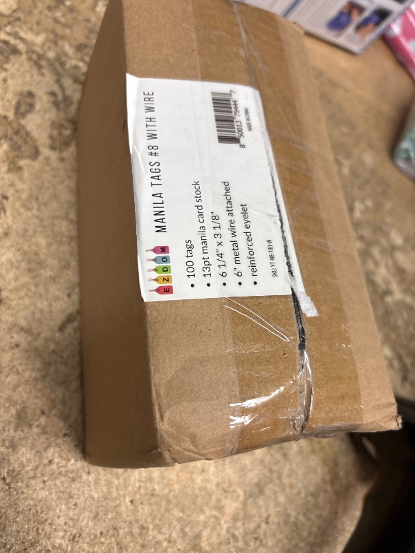Photo 1 of 100 Large Manila Paper Tags with Wire Attached – # 8, 6 1/4" x 3 1/8" – Manilla Shipping Tags with Reinforced Eyelet and Metal Wire, Labels with Ties