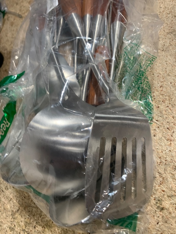 Photo 1 of 18/10 Stainless Steel Kitchen Utensils Set with Wood Handle - 15”Metal Cooking Tools & Serving Utensil, 8-Pieces Cooking Spoons Set - Spatula, Ladle, Skimmer, Turner, Pasta, Solid Spoon, Slotted Spoon