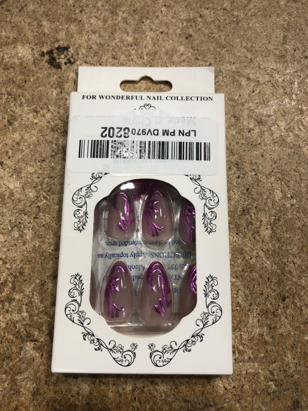 Photo 1 of 24Pcs Almond Press on Nails Medium Fake Nails Purple Flower & 3D Pearl Design Acrylic Nails French Press on Nails Pink False Nails Full Cover Glossy Stick on Nails for Women Girls Jelly Press on Nails