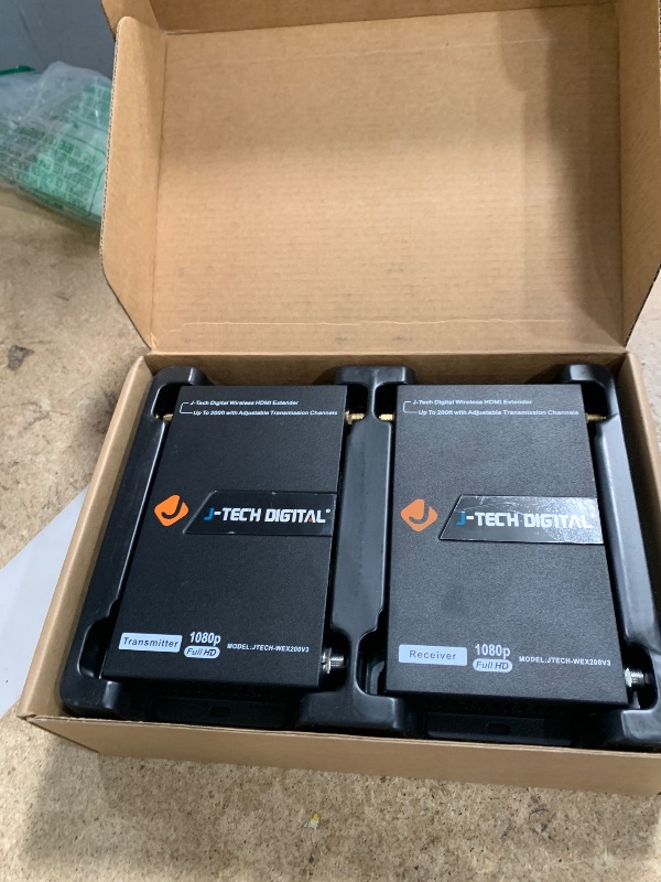 Photo 1 of J-Tech Digital 1X2 Wireless HDMI Extender 200’ Dual Antenna Supporting Full HD 1080p with HDMI Loop Output Operation Channel Change IR Passthrough (Receiver + Transmitter 1080P 200ft)