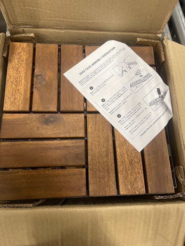 Photo 1 of 10 PCS Interlocking Deck Tiles 12" x 12", Waterproof Indoor&Outdoor Flooring Tiles, Acacia Wood Patio Tiles for Balcony, Backyard, Garden & Poolside, All Weather Use, Checker Pattern, Brown