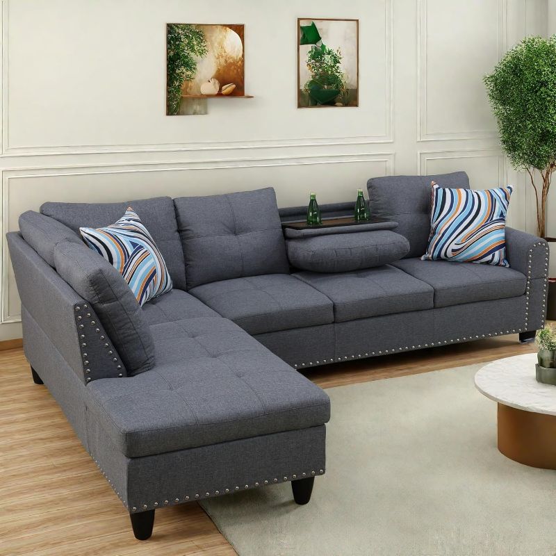 Photo 1 of **BOX CONTAINS 2 CUSHIONS ONLY**FONTOI Leather Sectional Couch Sofa, Modern Nail-Head Design L Shaped Sectional Sofa for Living Room, 4 Seat L Couch with Cup Holder for Bedroom Apartment, gray 