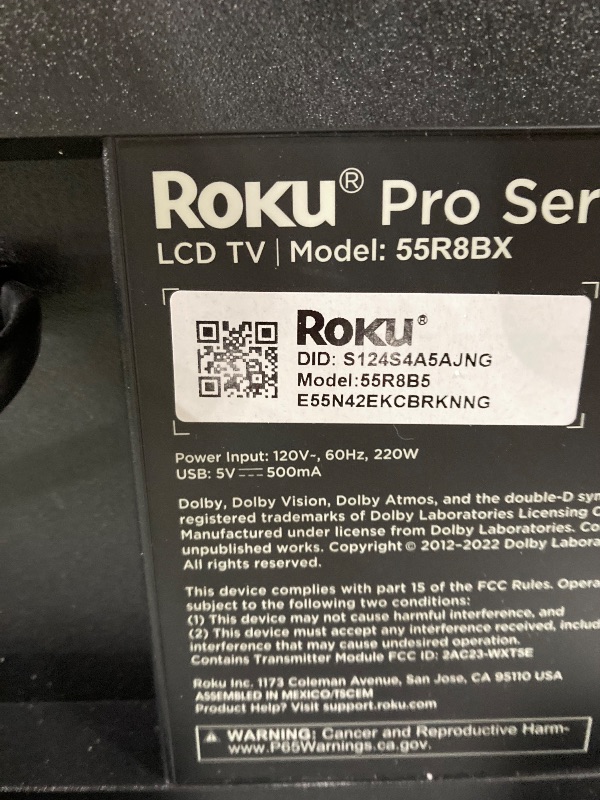 Photo 1 of **SMASHED SCREEN FINAL SALE**Roku Smart TV – 55-Inch Pro Series 4K QLED RokuTV with Backlit Roku Voice Remote Pro, Dolby Vision IQ, 120Hz Refresh Rate – Live Local News, Sports, Gaming