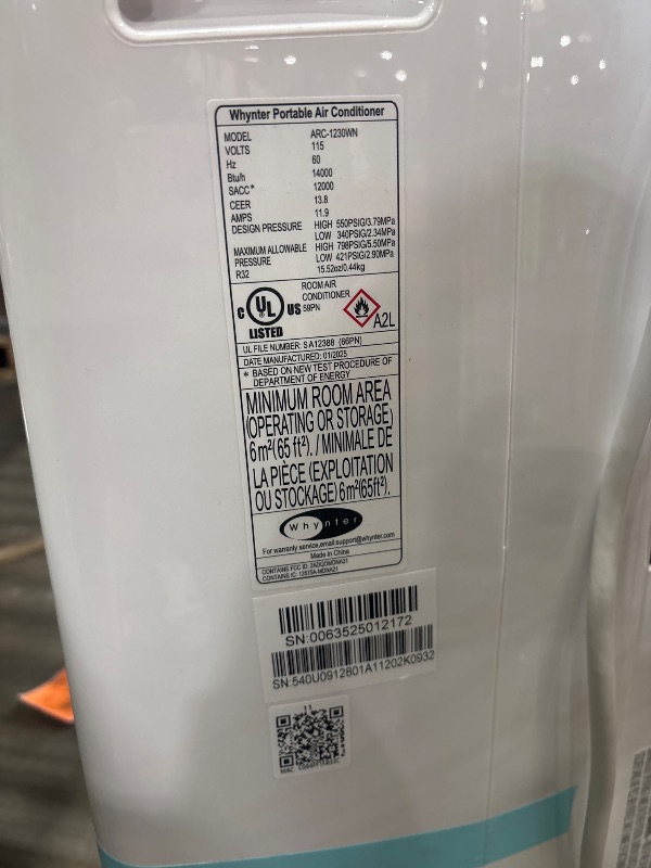 Photo 1 of ***PARTS ONLY***

Whynter Inverter Portable Air Conditioner 14,000 BTU with Dual Hose, Dehumidifier, Cooling Fan & Smart Wi-Fi for 600 Sq Ft Rooms, NEX ARC-1230WN (12,000 SACC), White