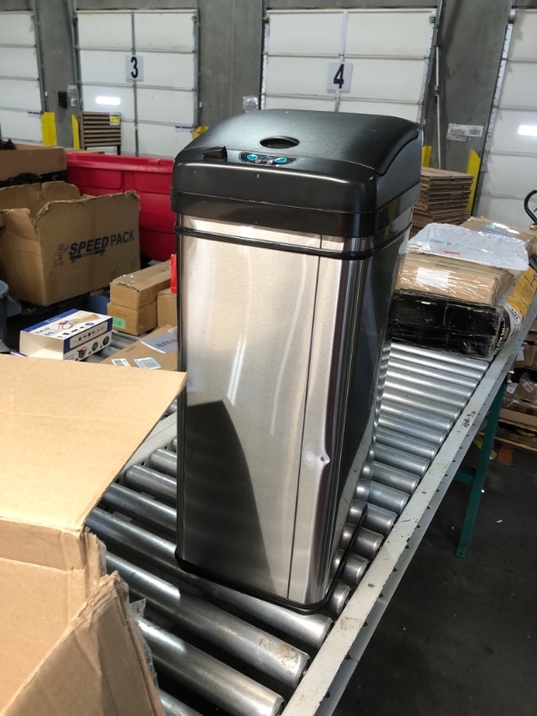 Photo 1 of (DENTED) (MISSING POWER CORD) iTouchless 13 Gallon Kitchen Trash Can with Lid and Odor Filter, AC Adapter Included, Motion Sensor Stainless Steel Rectangular Garbage Bin for Home Office Work Bedroom Living Room Slim Wastebasket