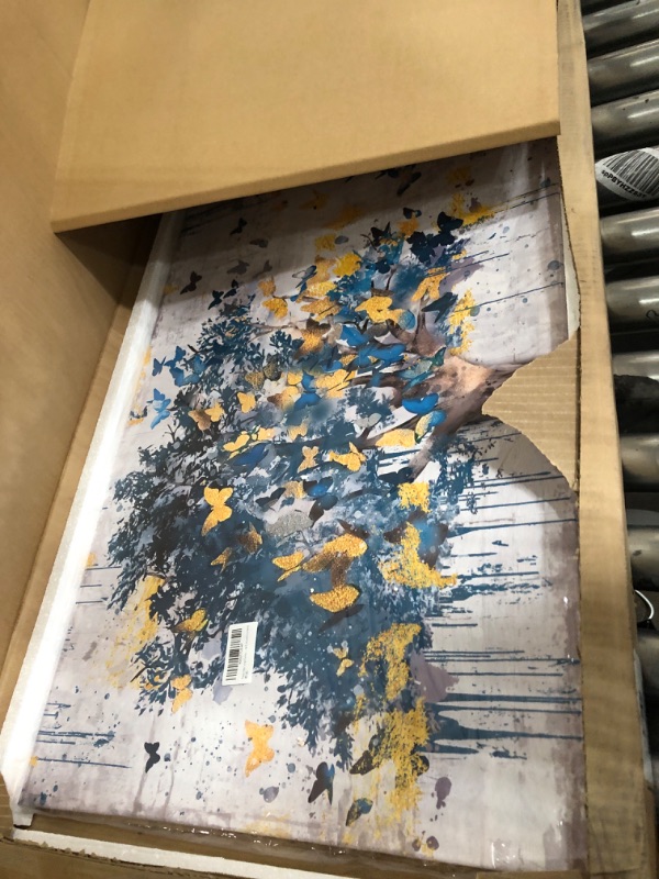 Photo 1 of Kepgonegu Large Canvas Wall Art Blue Tree Golden Butterflies Picture Abstract Grey Graffiti Canvas Prints Ready to Hang for Living Room Bedroom Size 20x40