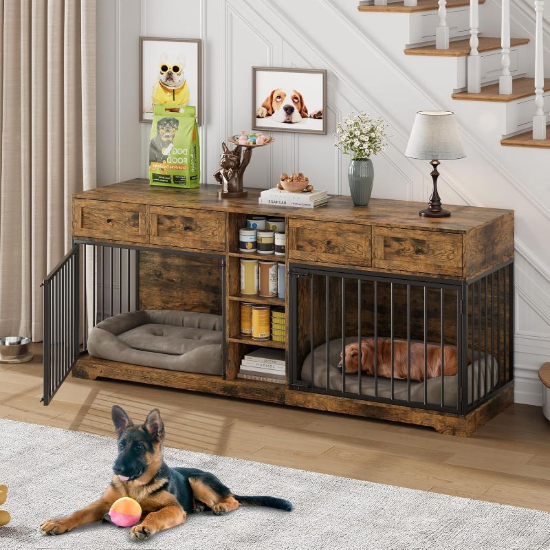 Photo 1 of ***MISSING PIECES/PARTS ONLY  ITEM*** IDEALHOUSE 82” Large Dog Crate for 2 Dogs, Dog Kennel Indoor with 4 Drawers and Shelves, Double Dog Crate Furniture TV Stand, Wooden Dog Cage for Medium Large Dogs, Brown
