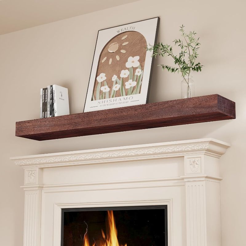 Photo 1 of (MISSING BOX) (USED/FAIR) SAUMONIERES Fireplace Mantel Shelves 60 Inch Solid Wood Wall Mounted Long Floating Shelf Hollow, Black