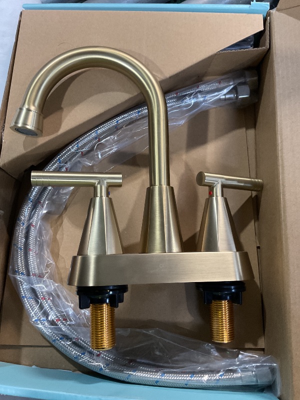 Photo 1 of (See images) Cobbe Brushed Gold Bathroom Faucets, 4-Inch Bathroom Sink Faucet, 2 Handle Sink Faucet with Pop Up Drain and Water Supply Lines, Gold