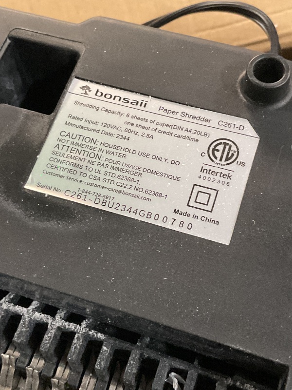 Photo 1 of (Sold for parts only) Bonsaii 6 Sheet High Security Micro Cut Paper Shredder, Credit Cards/Mail/Staples/Clips Shredder for Home Use with 4.2 Gallon Bin (C261-D)