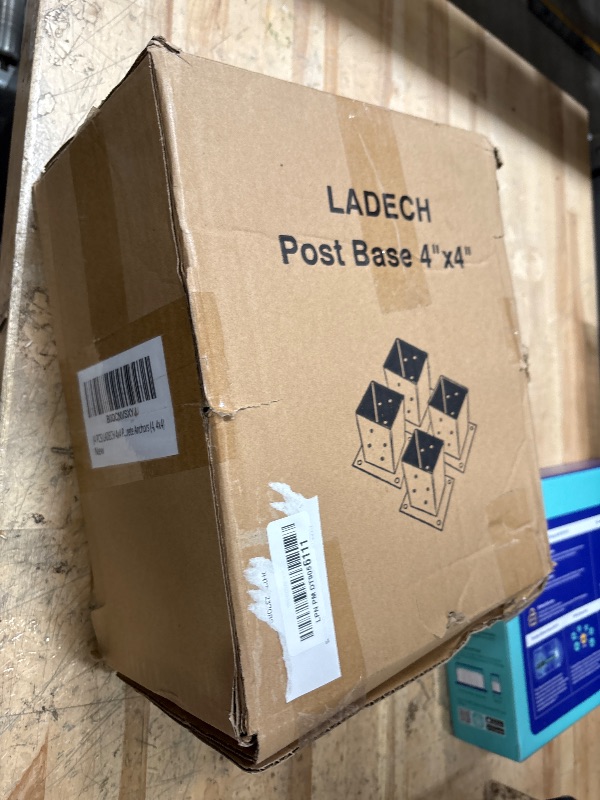 Photo 1 of (4 PCS) LADECH 4x4 Post Anchor Base with Bottom Drainage Hole, Black Powder Coated Brackets for Fence Posts, Pergola, Mailbox Post, Come with Wood Screws and Concrete Anchors (4, 4x4)