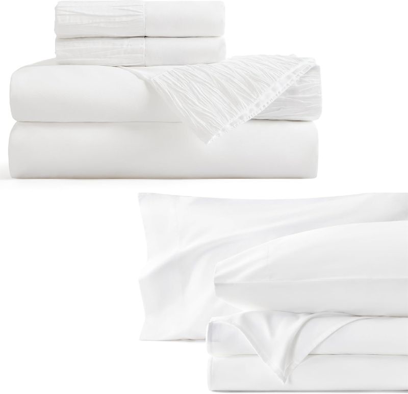 Photo 1 of Bedsure 100% Cotton Sheets Queen Size Bed Set, Queen Sheet Set, Ultra Soft & Comfort Brushed Cotton Sheet with Deep Pocket up to 16", 4 Pieces Bedding Bedsheets & Pillowcases - Pure White