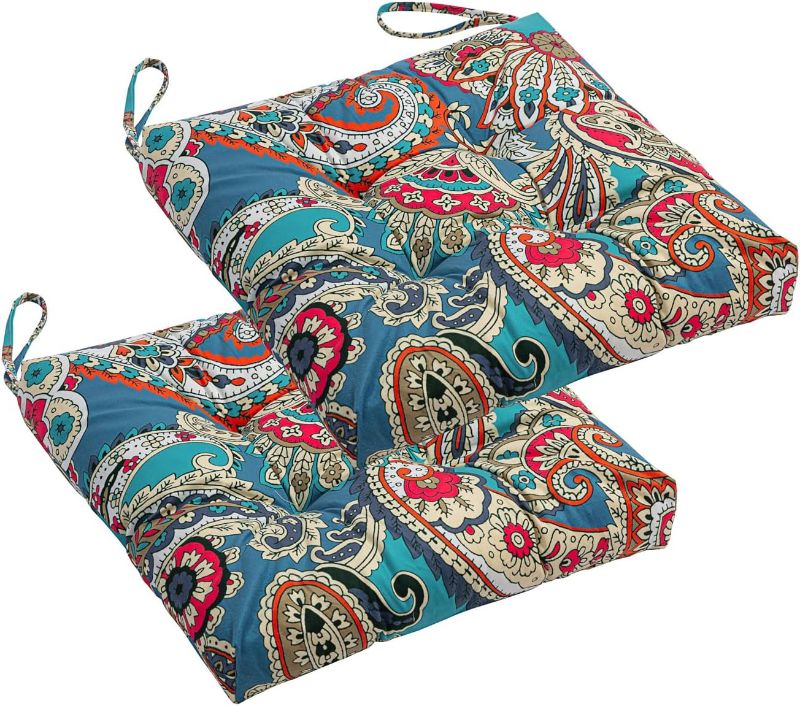 Photo 1 of 2-Pack Outdoor/Indoor Wicker Patio Seat Cushion Pad with Ties - Decorative Dining Chair Cushion, 17" x 17" (Blue Trumpet Flowers)