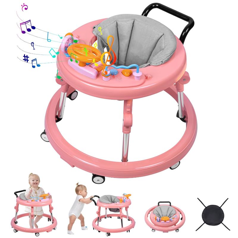 Photo 1 of Baby Walker, Foldable 9-Gear Height Adjustable Baby Walker with Wheels, Infant Toddler Walker with Music Disk, Anti-Fall Baby Walkers and Activity Center with Foot Pads for Boys and Girls 6-24 Months
