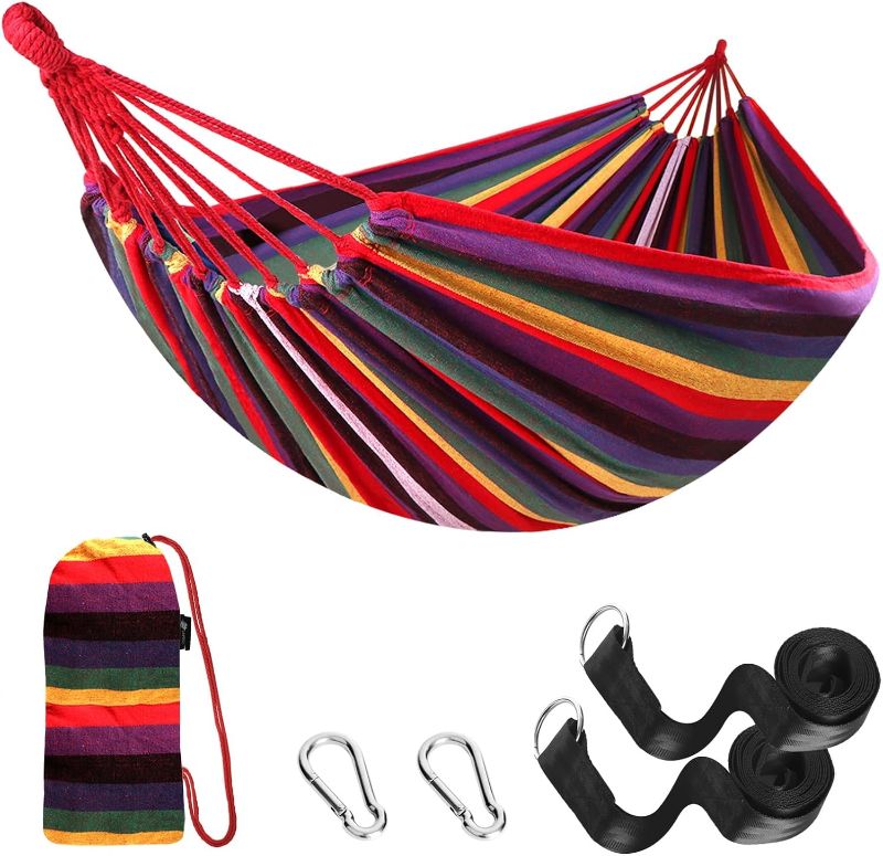 Photo 1 of ANYOO Cotton Hammock Portable Camping Hammocks for Hanging Sturdy Garden Comfortable Fabric Hammock with Tree Straps Up to 660lbs with Travel Bag for Camping Outdoor/Indoor Patio Backyard
