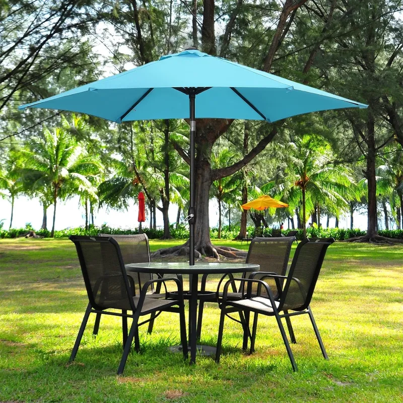 Photo 1 of Ainfox 9ft Patio Umbrella Outdoor Portable Table Market Umbrella with Push Button Tilt/Crank Waterproof UV-proof, Lake Blue
